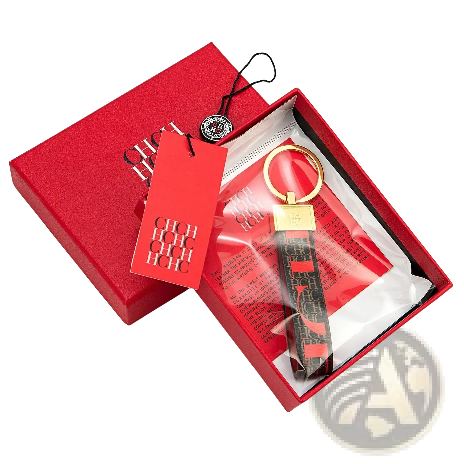 Leather logo keychain gold toned with black strap featuring red chic lettering and hugo boss logo designer accessory gift