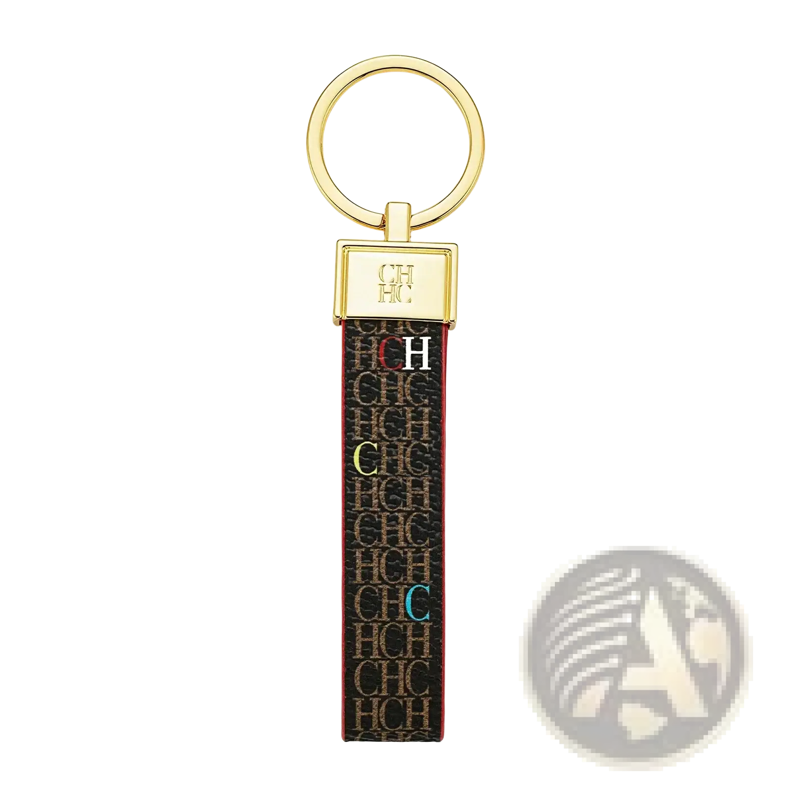 Gold-toned leather logo keychain with black strap featuring beige ch monogram and colorful letters designer fashion accessory gift