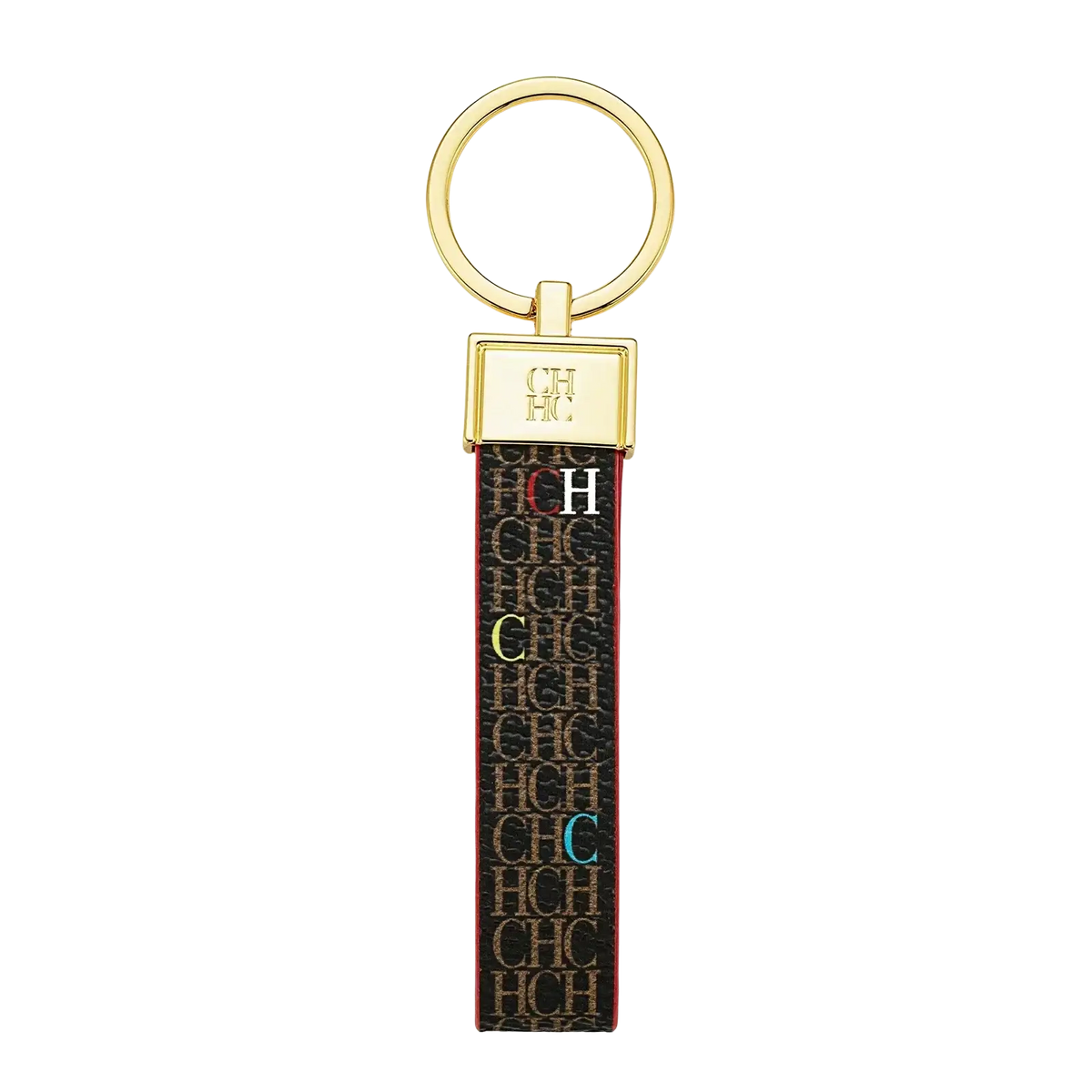 Gold-toned leather logo keychain with black strap featuring beige ch monogram and colorful letters designer fashion accessory gift