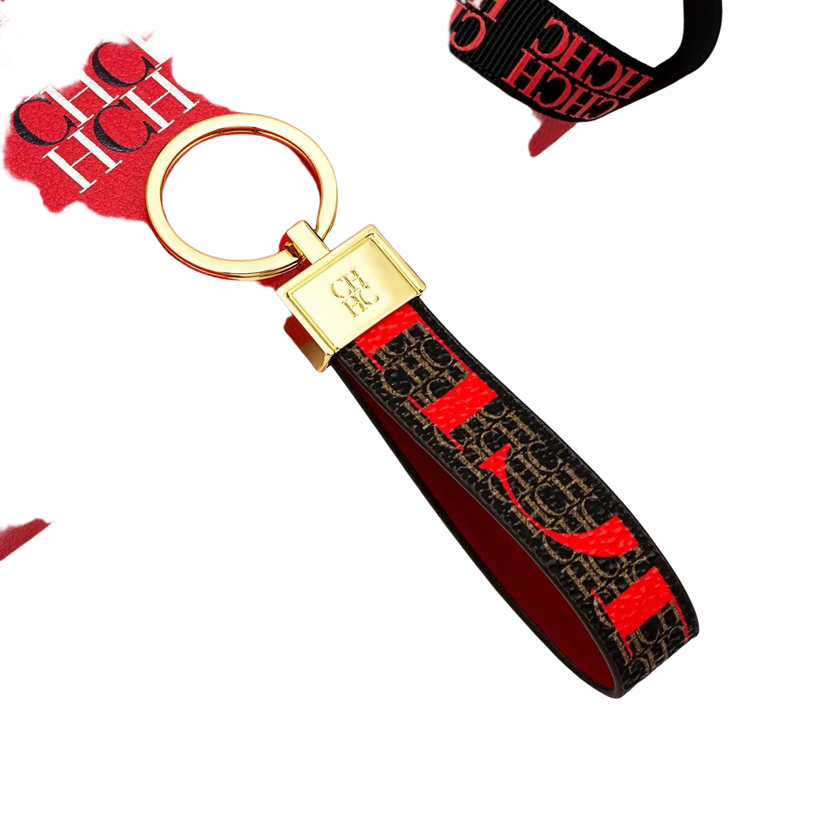 Leather logo keychain with gold-toned hardware and black and red patterned strap featuring repeating chc monogram