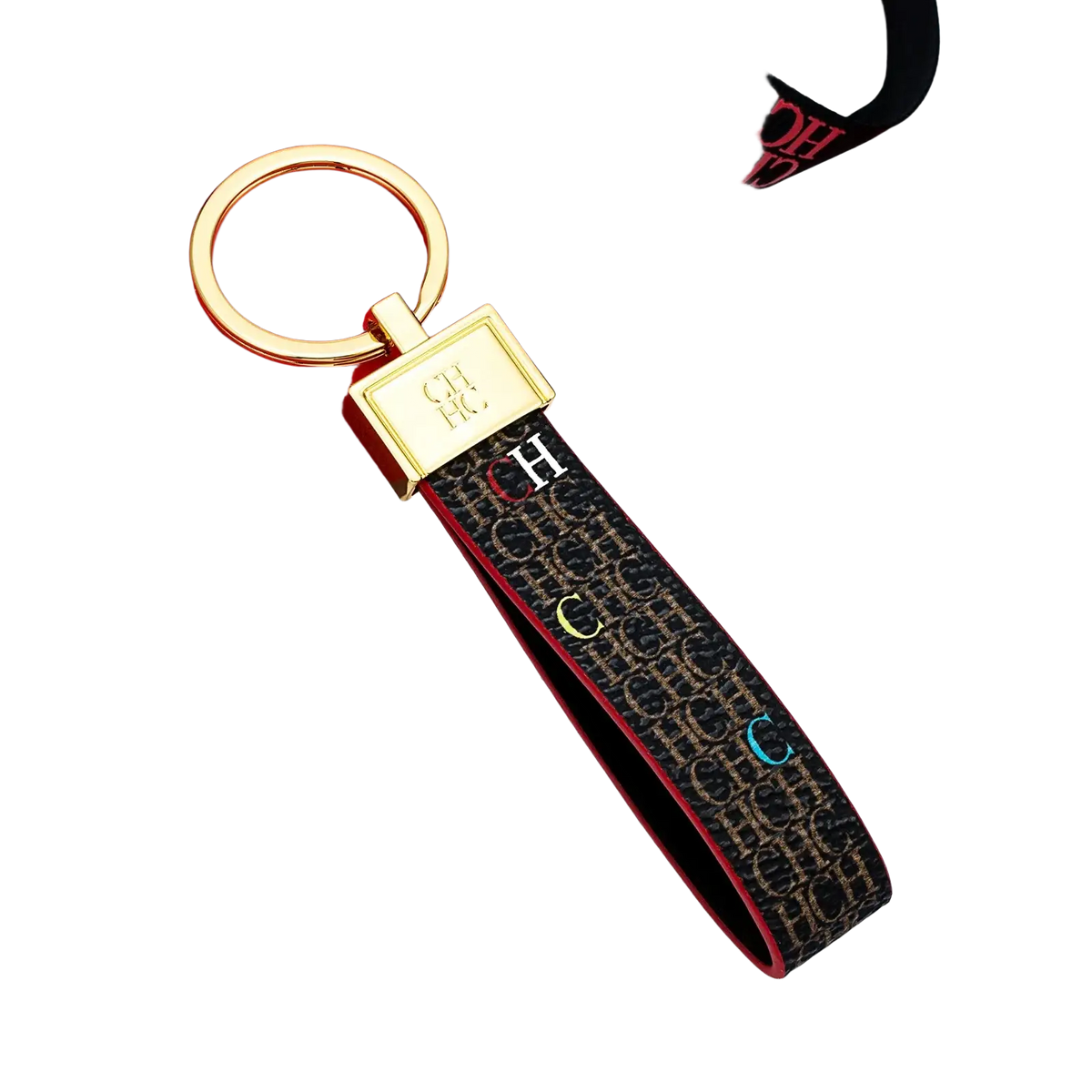 Gold-toned key ring with black fabric strap featuring repeating ch monogram and colorful accents by h.c leather logo keychain