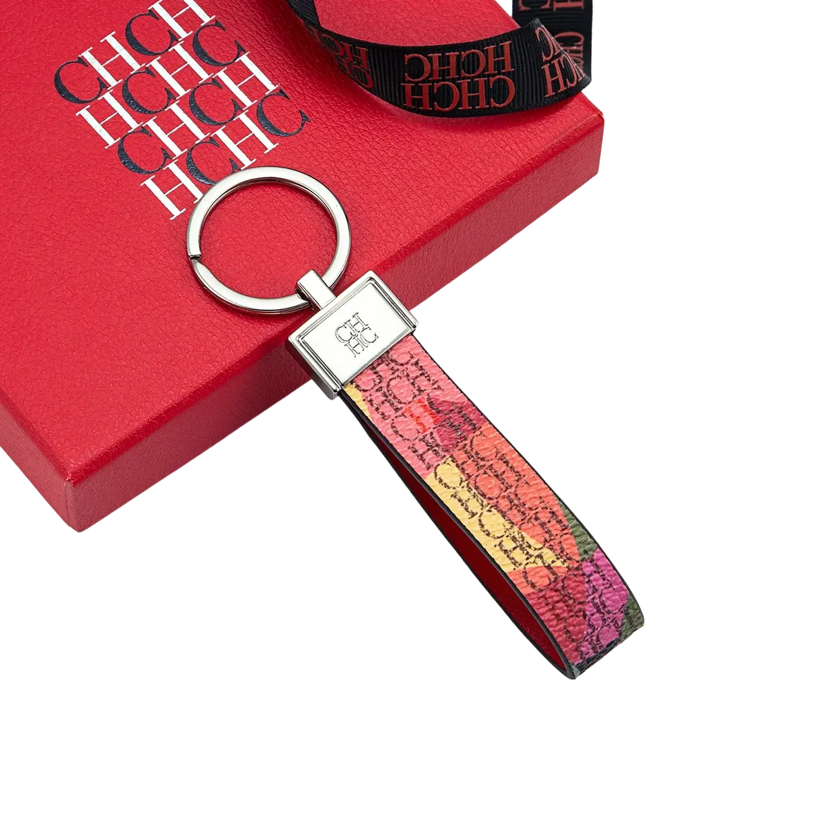 Rainbow-colored leather logo keychain with silver metal ring designed as a fashionable accessory gift