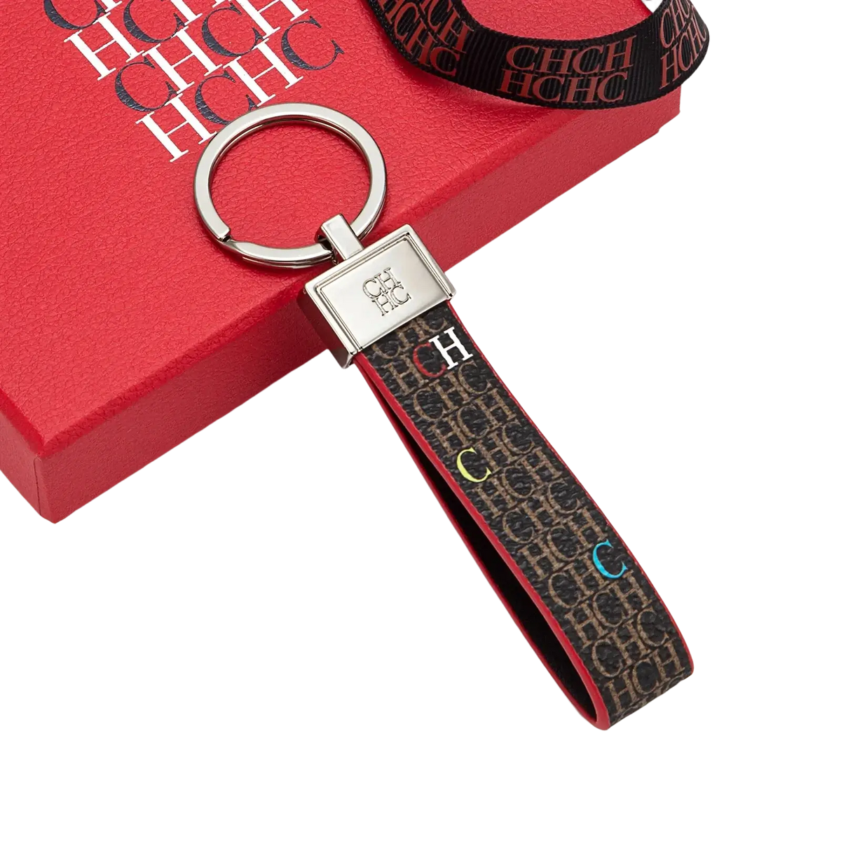 A sleek black leather logo keychain with red ch monogram pattern and colorful lettering featuring a silver metal ring
