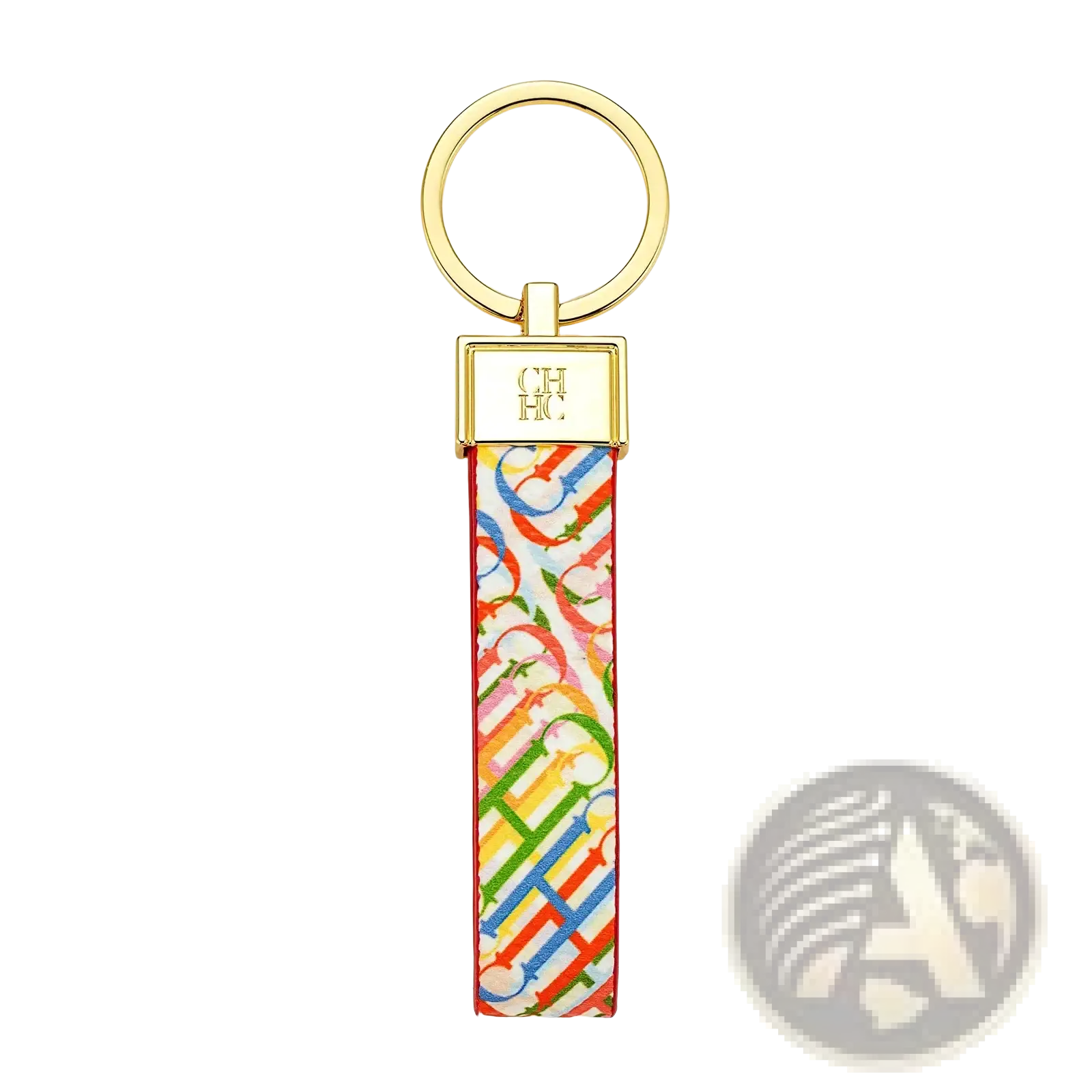 A vibrant multicolored leather logo keychain with ch pattern fabric strap and gold-tone metal hardware designer accessory