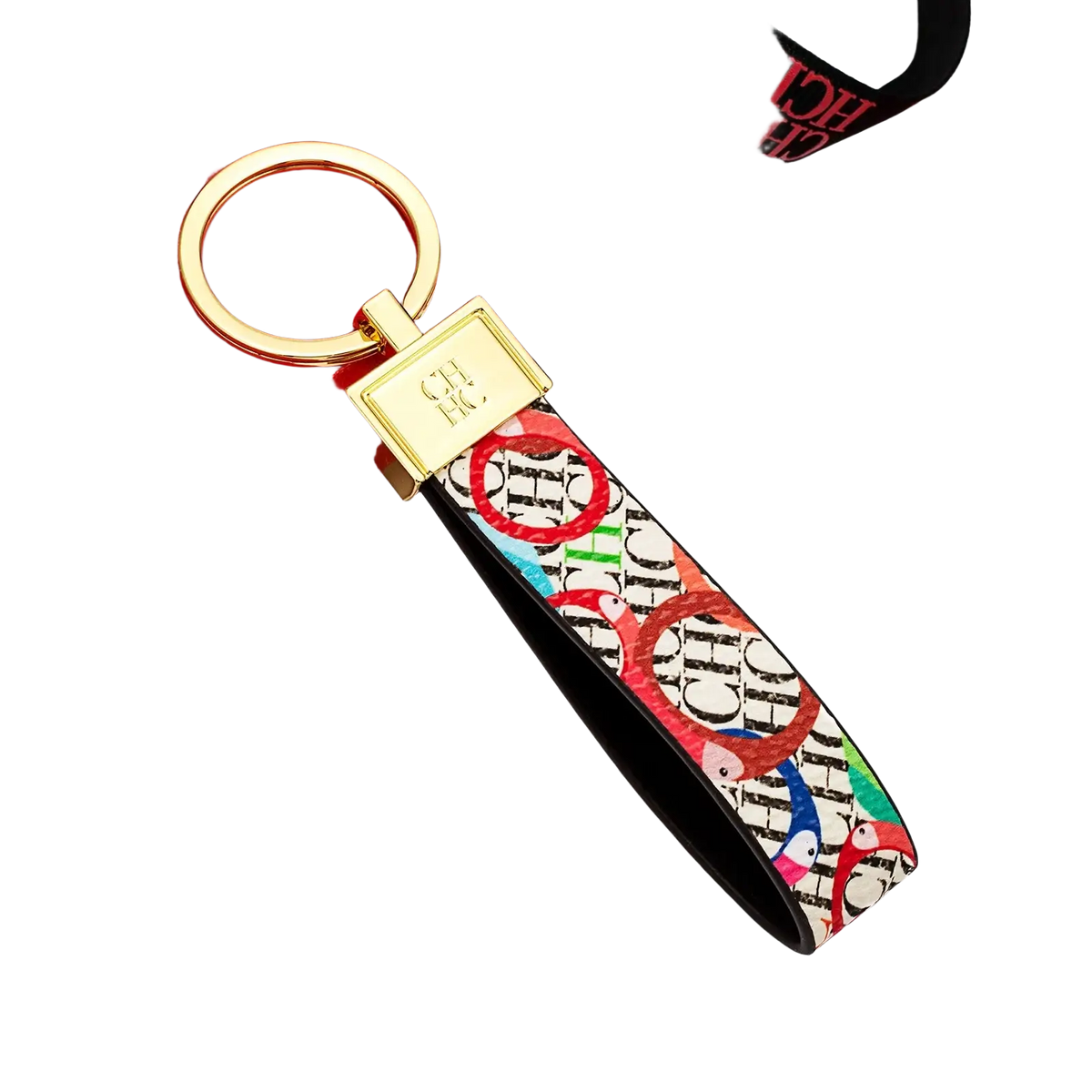 A vibrant multicolored leather logo keychain with repeating hch pattern featuring red and black accents on white background