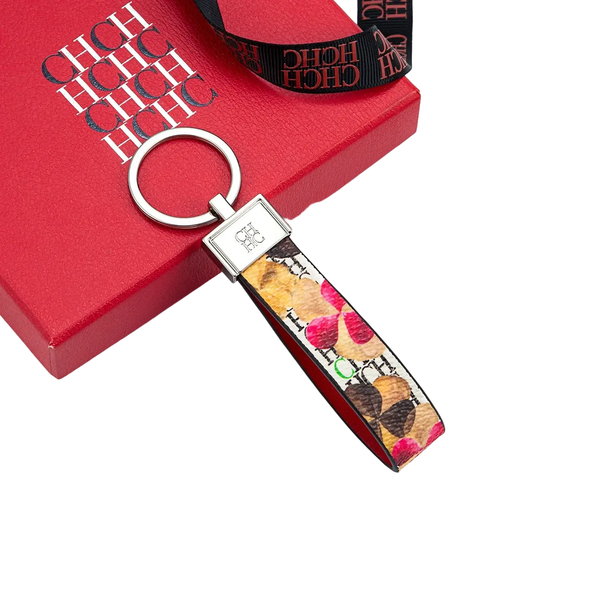 A vibrant patterned leather logo keychain with a silver metal ring and rectangular clasp for fashion accessory gift