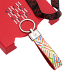 A vibrant rainbow-colored leather logo keychain with a sleek silver metal ring and rectangular plaque accessory gift
