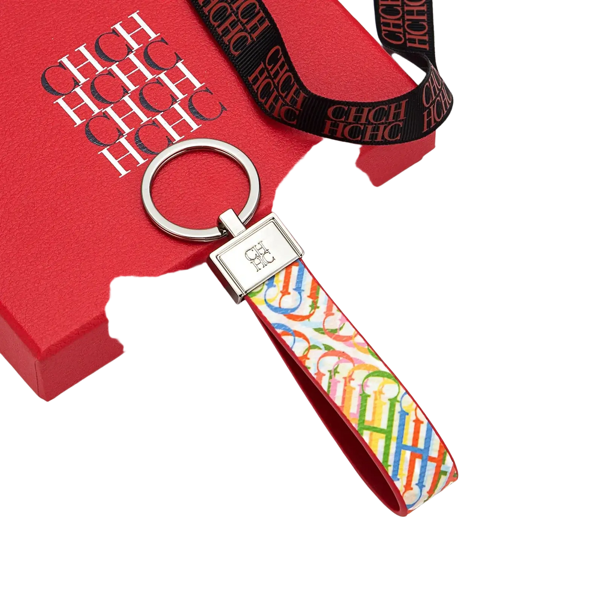 A vibrant rainbow-colored leather logo keychain with a sleek silver metal ring and rectangular plaque accessory gift