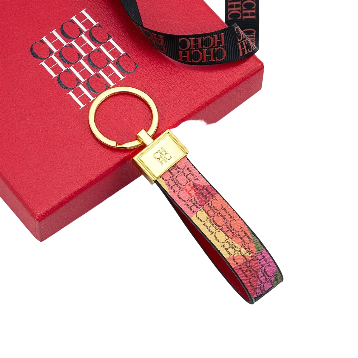 A vibrant rainbow-colored leather logo keychain with gold-tone metal ring and hch logo for designer fashion accessory gift