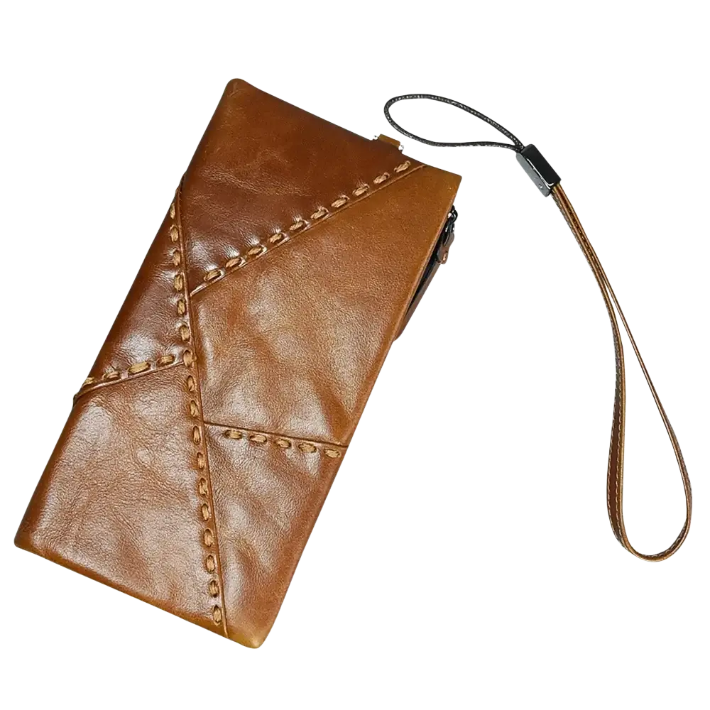 Brown leather long wallet clutch with geometric stitching and detachable wrist strap made of cowhide for phone and cards