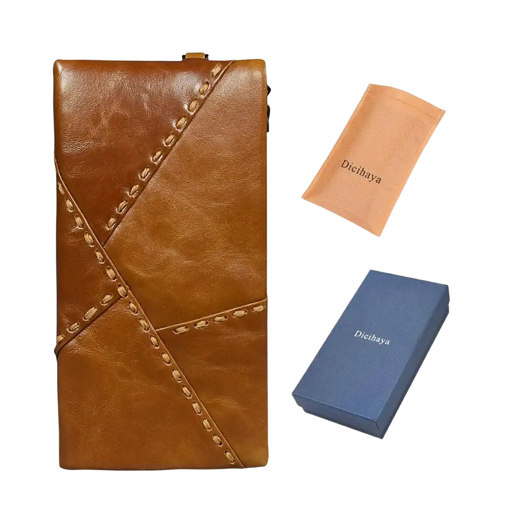 Brown leather long wallet cowhide zip clutch with diagonal stitching and gold-tone clasp for phone purse use