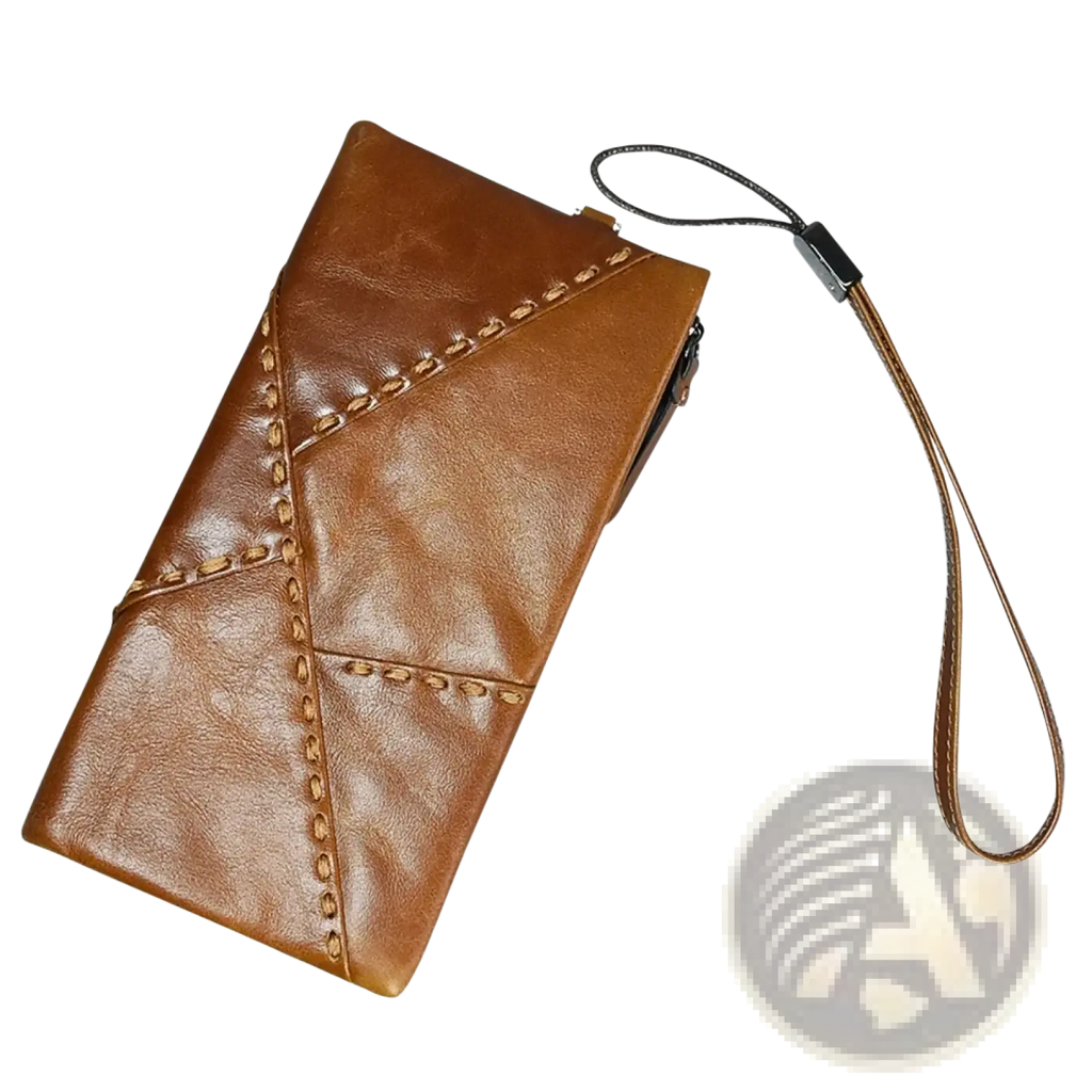 Brown leather long wallet clutch with geometric stitching and detachable wrist strap made of cowhide for phone and cards