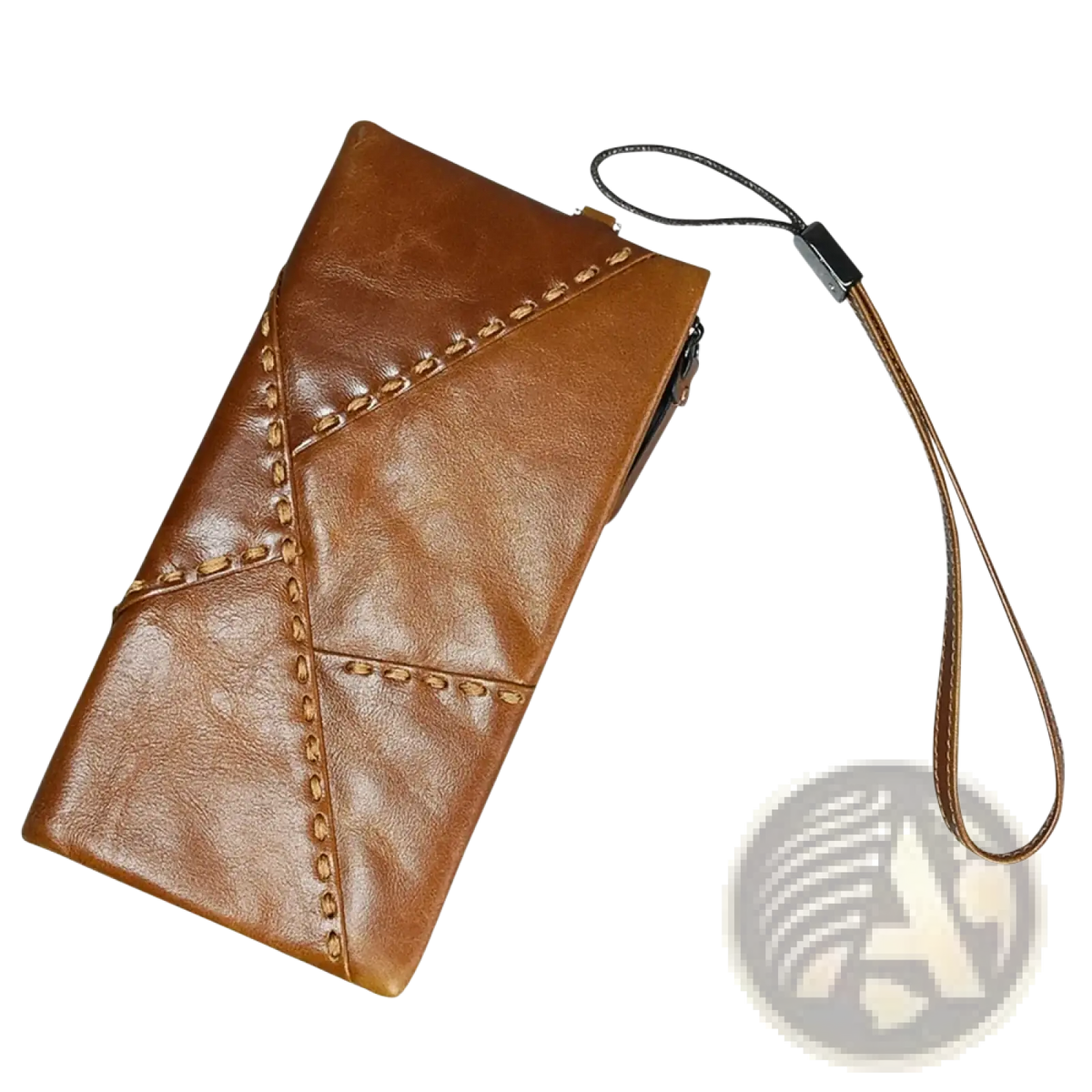 Brown leather long wallet clutch with geometric stitching and detachable wrist strap made of cowhide for phone and cards