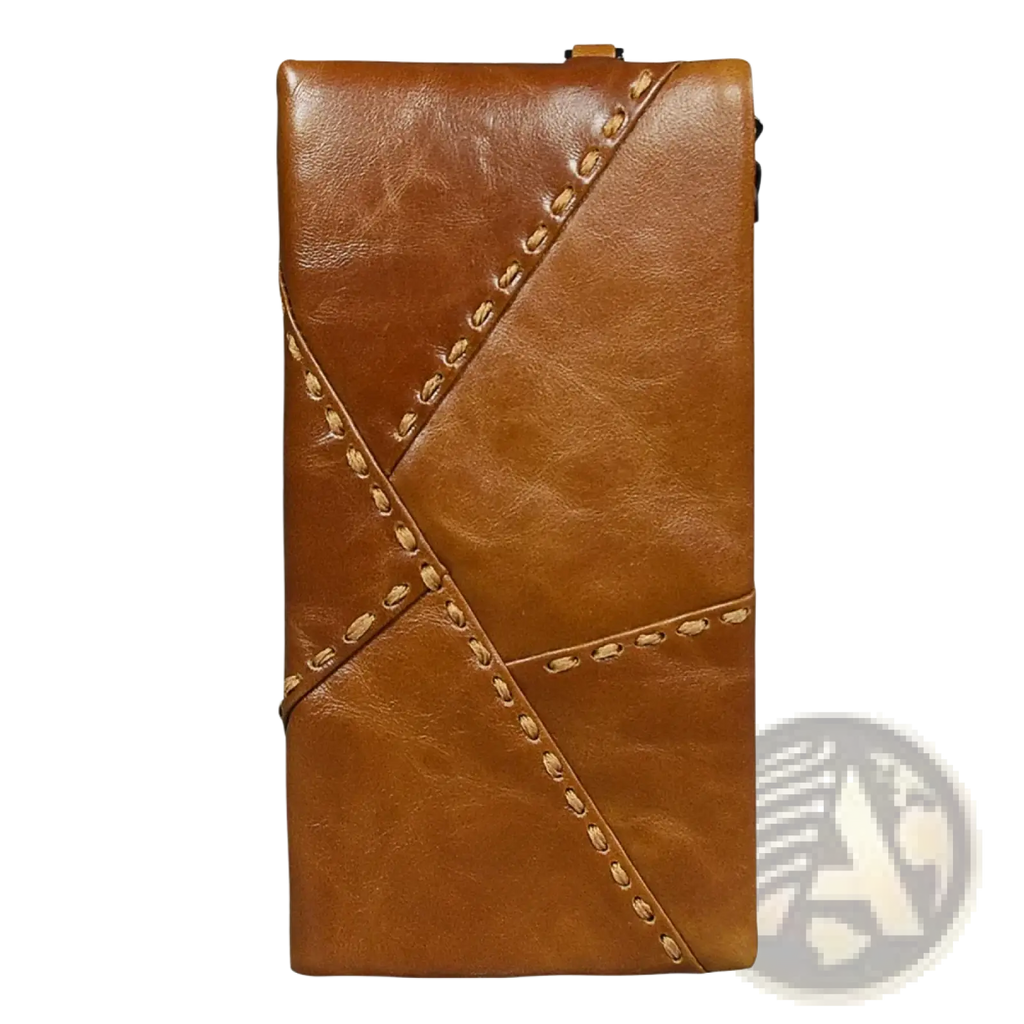 Tan leather long wallet with diagonal stitching and zipper closure made of cowhide for phone and clutch use