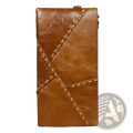 Tan leather long wallet with diagonal stitching and zipper closure made of cowhide for phone and clutch use