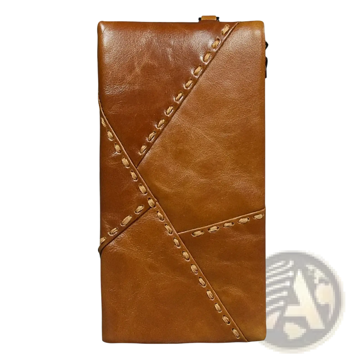 Tan leather long wallet with diagonal stitching and zipper closure made of cowhide for phone and clutch use