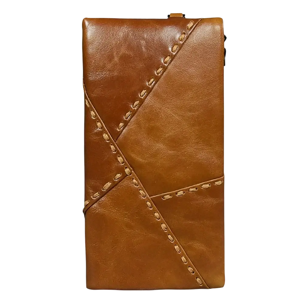 Tan leather long wallet with diagonal stitching and zipper closure made of cowhide for phone and clutch use