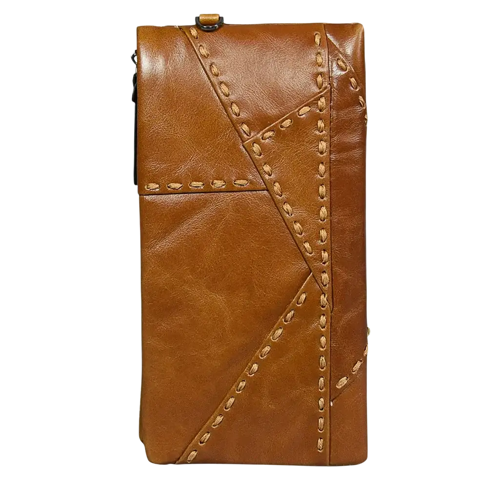 Tan leather long wallet cowhide zip clutch phone purse with distinctive diagonal stitching and zipper closure