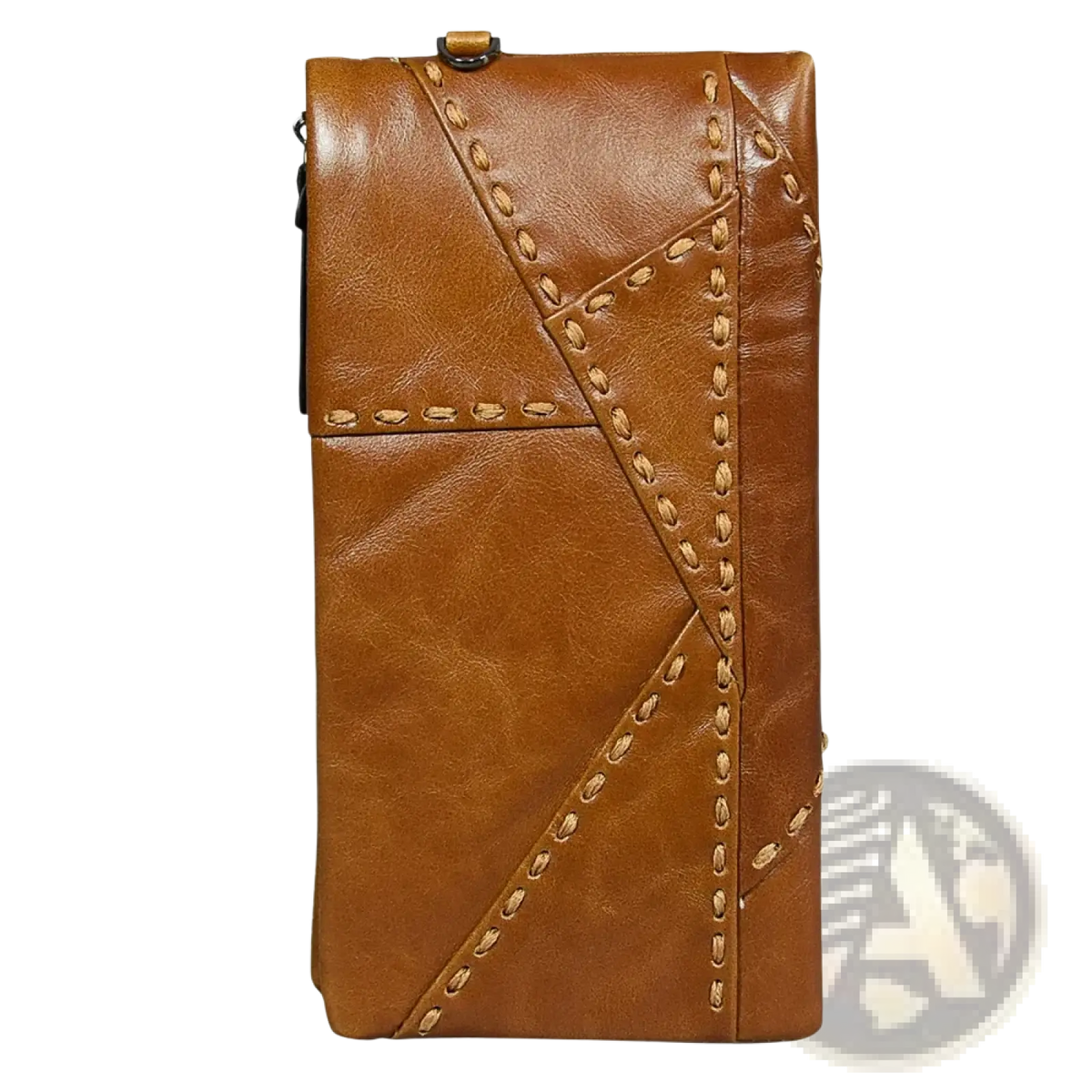 Tan leather long wallet cowhide zip clutch phone purse with distinctive diagonal stitching and zipper closure