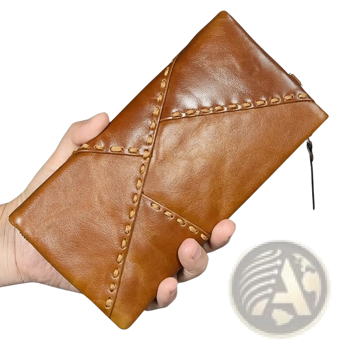 A tan leather long wallet cowhide zip clutch phone purse with geometric stitched design and zipper closure