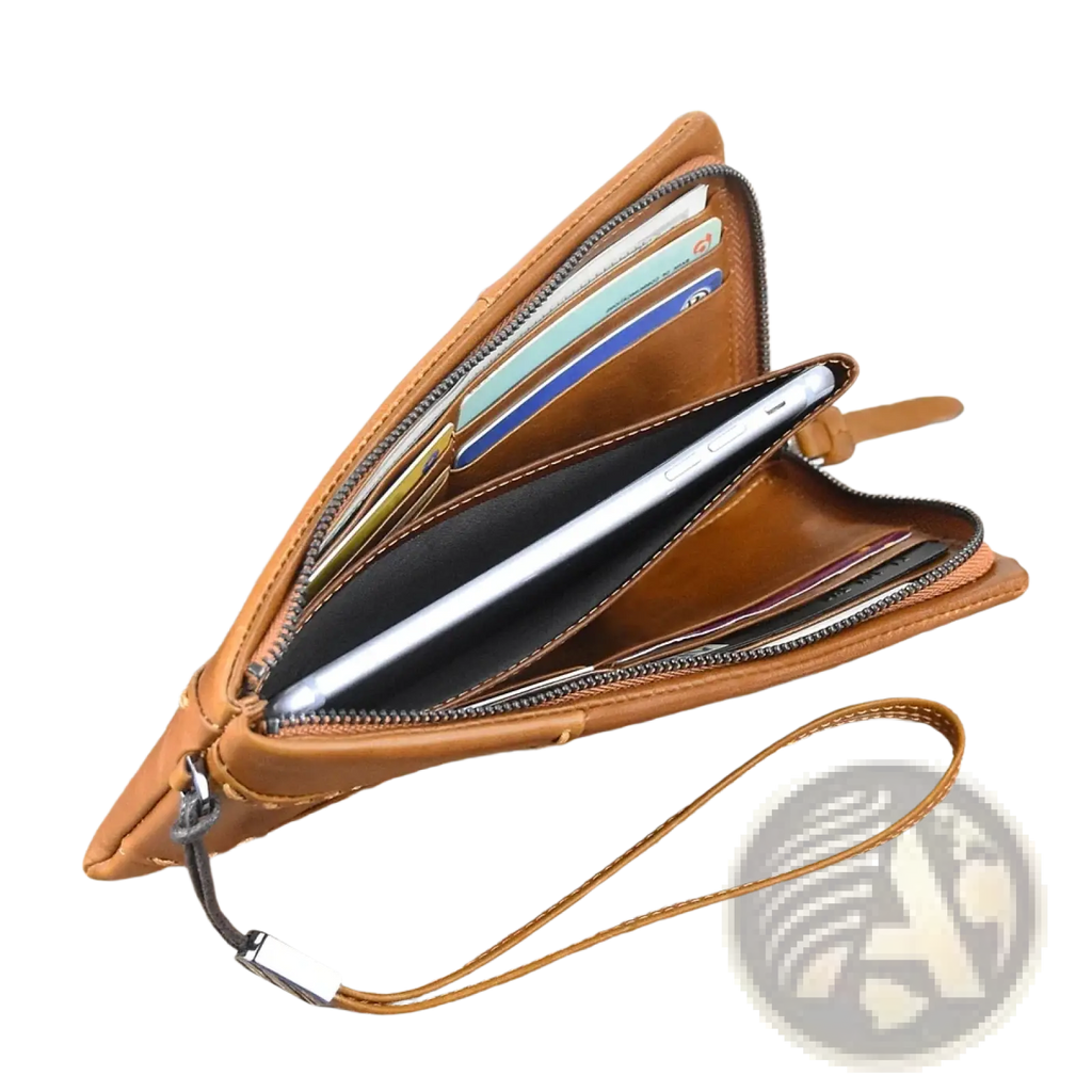 Tan leather long wallet cowhide zip clutch phone purse with multiple card slots and wrist strap holding a smartphone