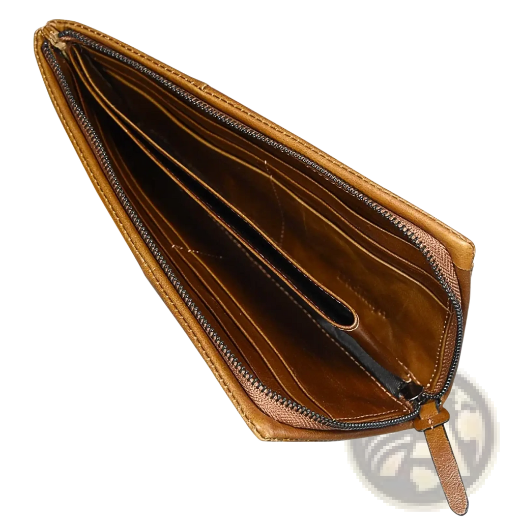 Tan leather long wallet cowhide zip clutch phone purse with multiple card slots and black zipper pull