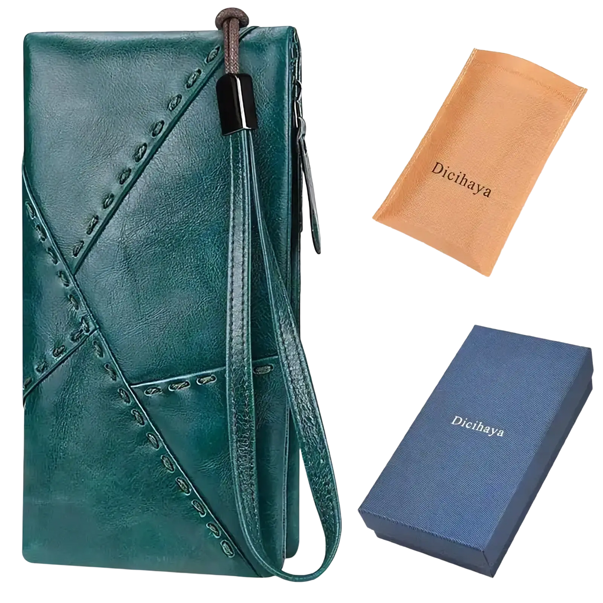 Teal leather long wallet cowhide zip clutch phone purse with stitched detailing and wrist strap shown from the back side