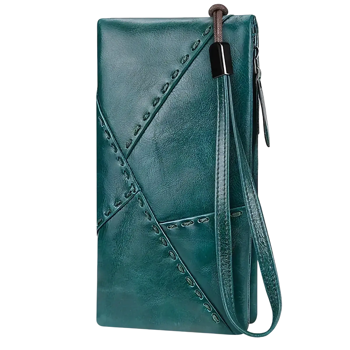 Teal leather long wallet cowhide zip clutch phone purse with stitched geometric patterns and detachable wrist strap
