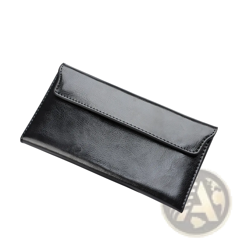 Black leather long wallet slim minimalist cowhide clutch with smooth textured surface and precise edge stitching