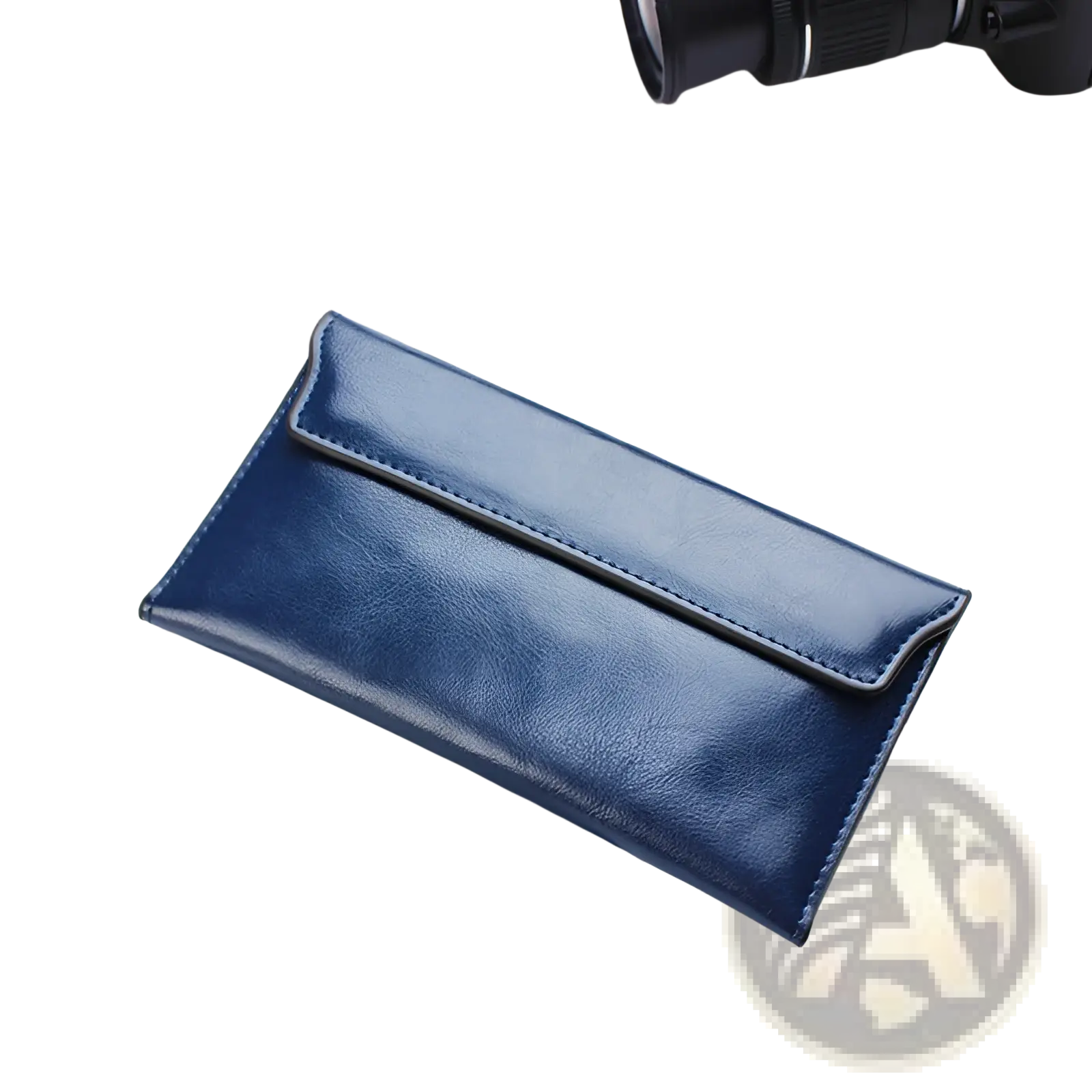 Deep navy blue leather long wallet with sleek minimalist design and contrasting black stitching on cowhide clutch