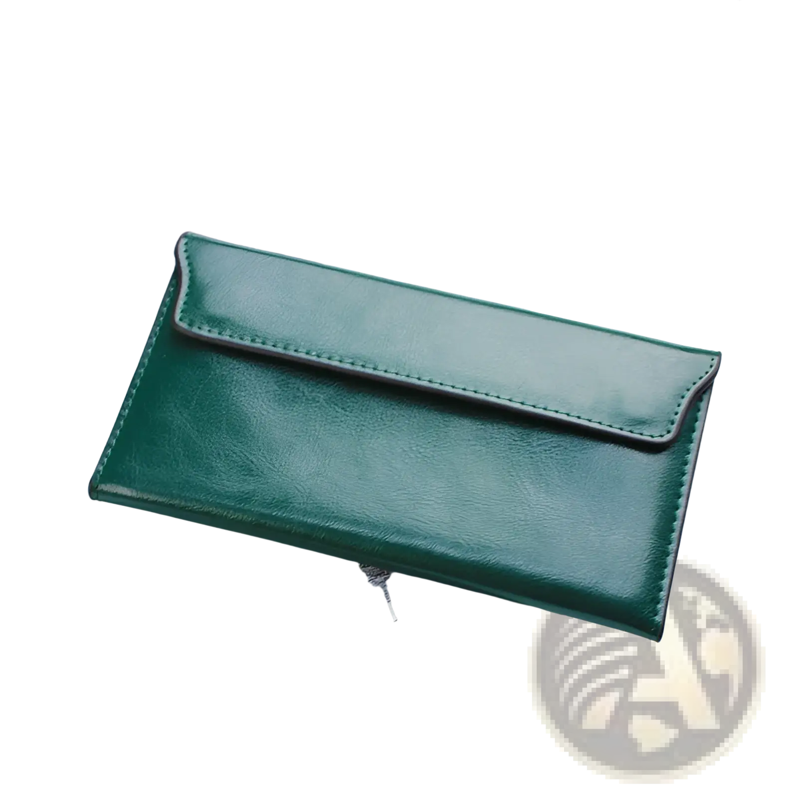 Deep green faux leather envelope style leather long wallet with black stitching for minimalist cowhide clutch use