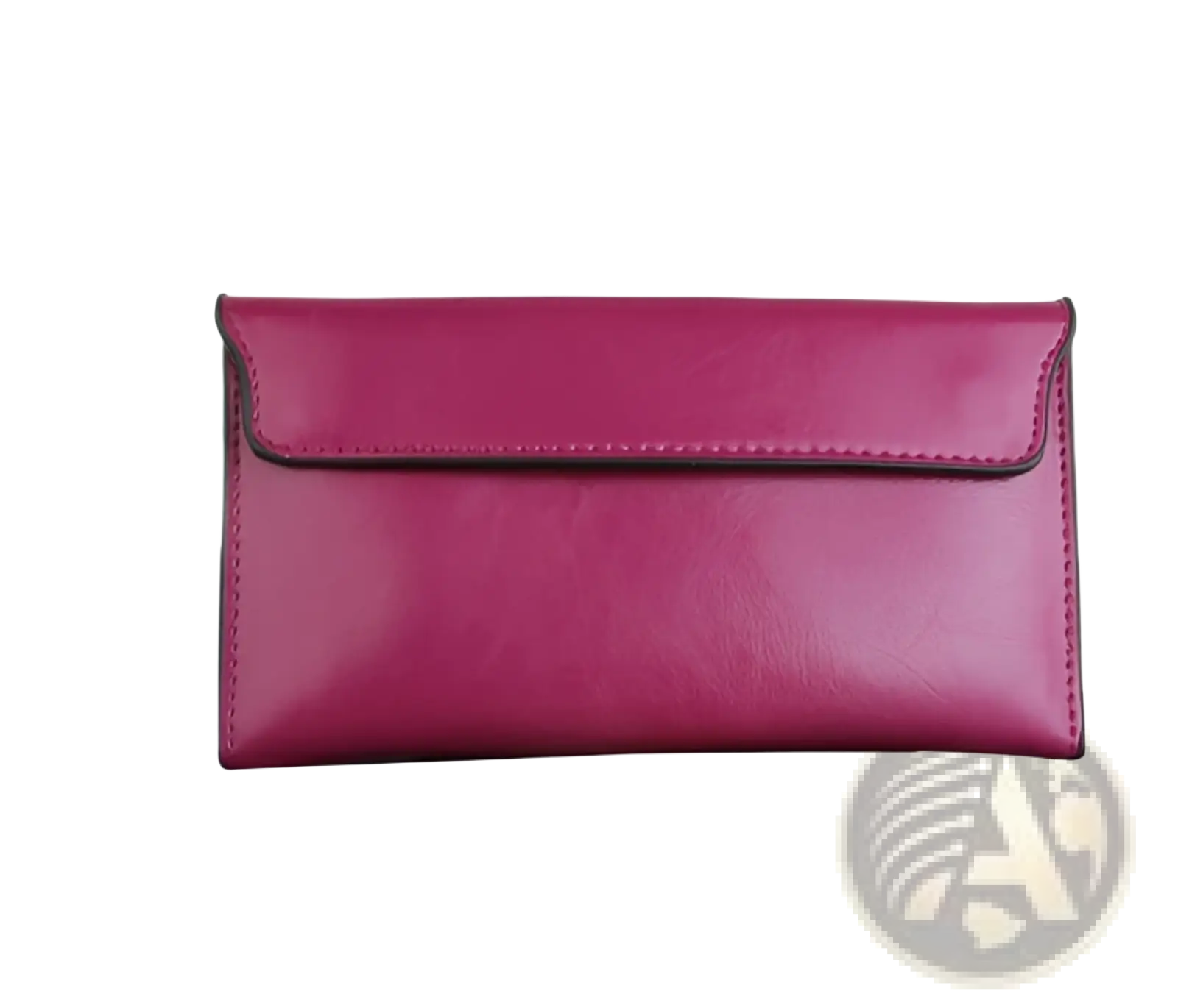 A sleek magenta leather long wallet slim minimalist cowhide clutch with contrasting black stitching along the edges