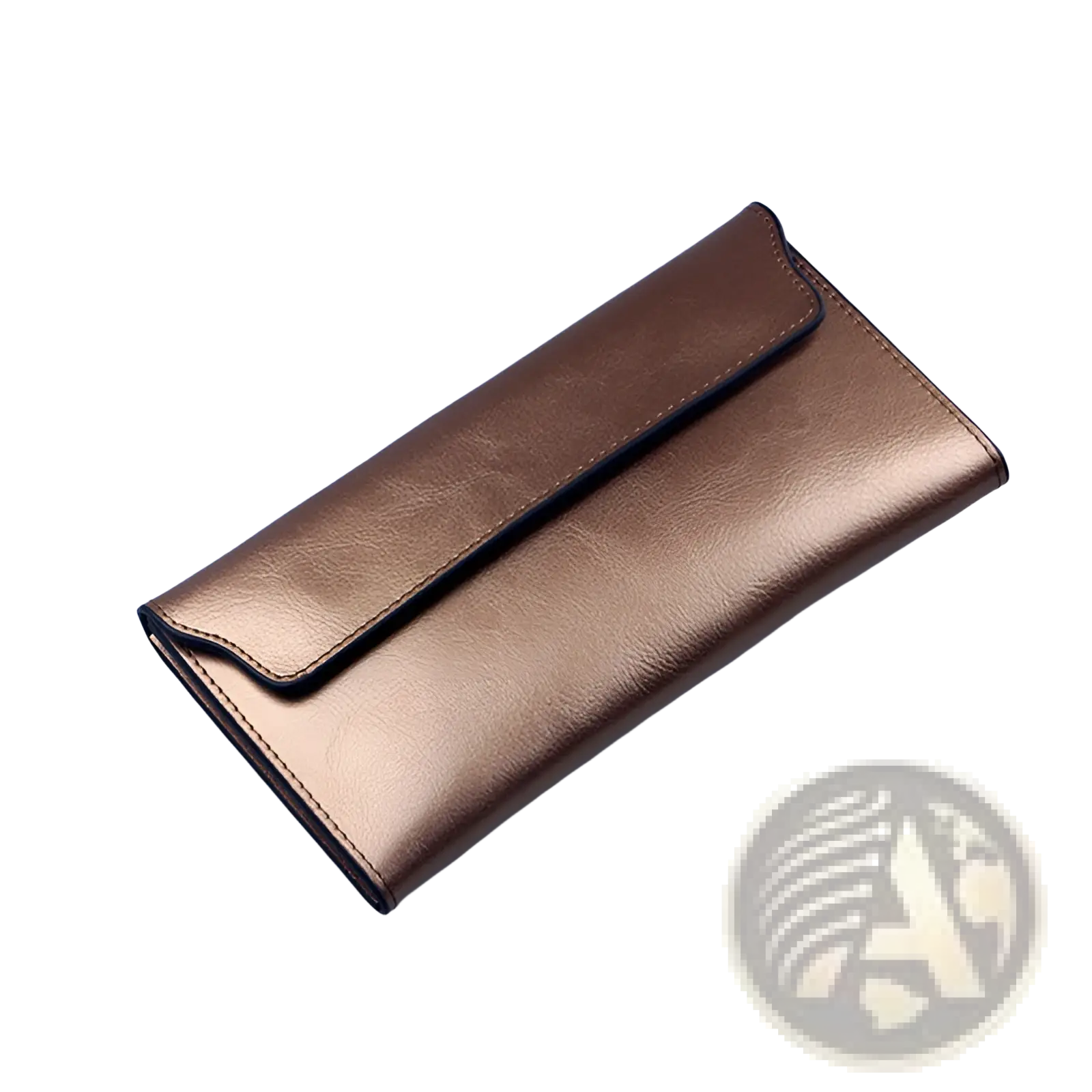 A sleek metallic bronze leather long wallet with minimalist design and black stitching made from cowhide