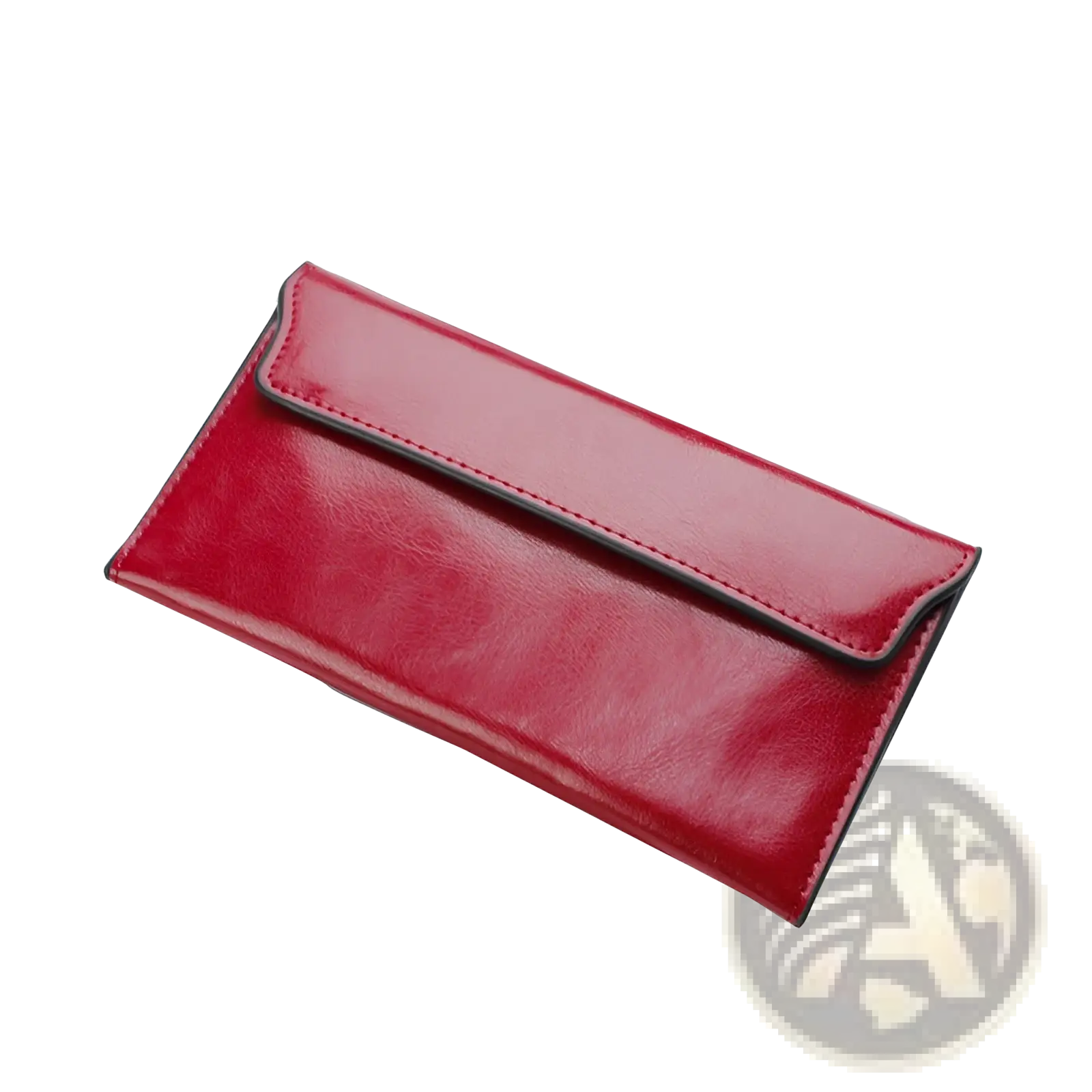 Red leather long wallet with black stitching, flap closure, slim minimalist cowhide clutch for organized storage