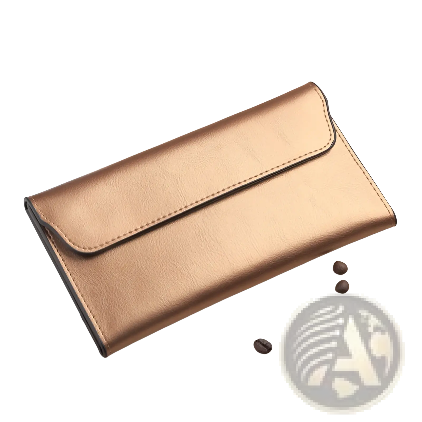 Gold-colored leather long slim minimalist cowhide wallet with metallic finish and black stitching along the edges
