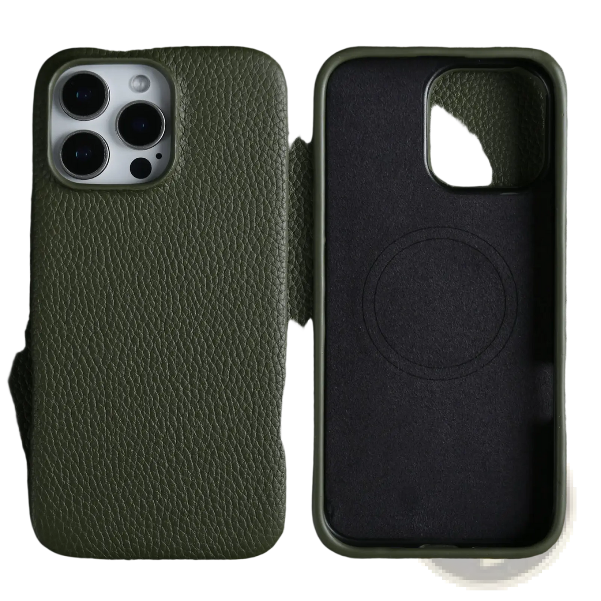 Olive green textured leather magnetic iphone case showing the back side with a magnetic back panel