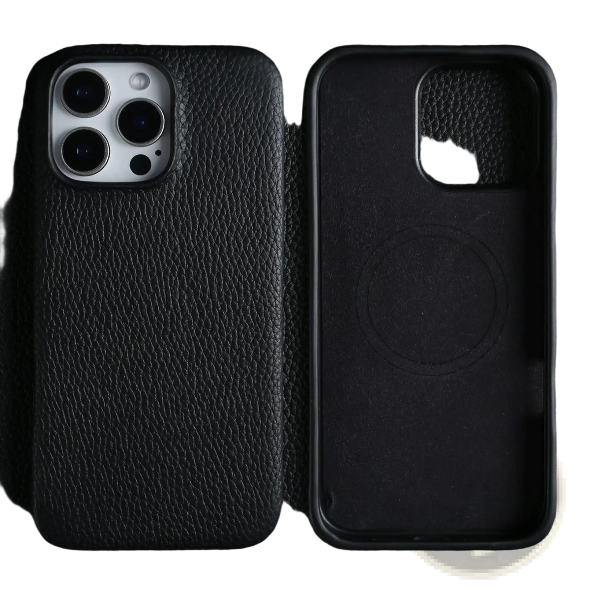 Black textured leather iphone case with magnetic charging ring shown from the back side