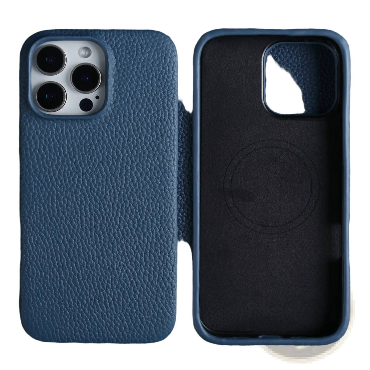 Blue textured leather magnetic iphone case with black interior and visible magnetic charging circle on the back side