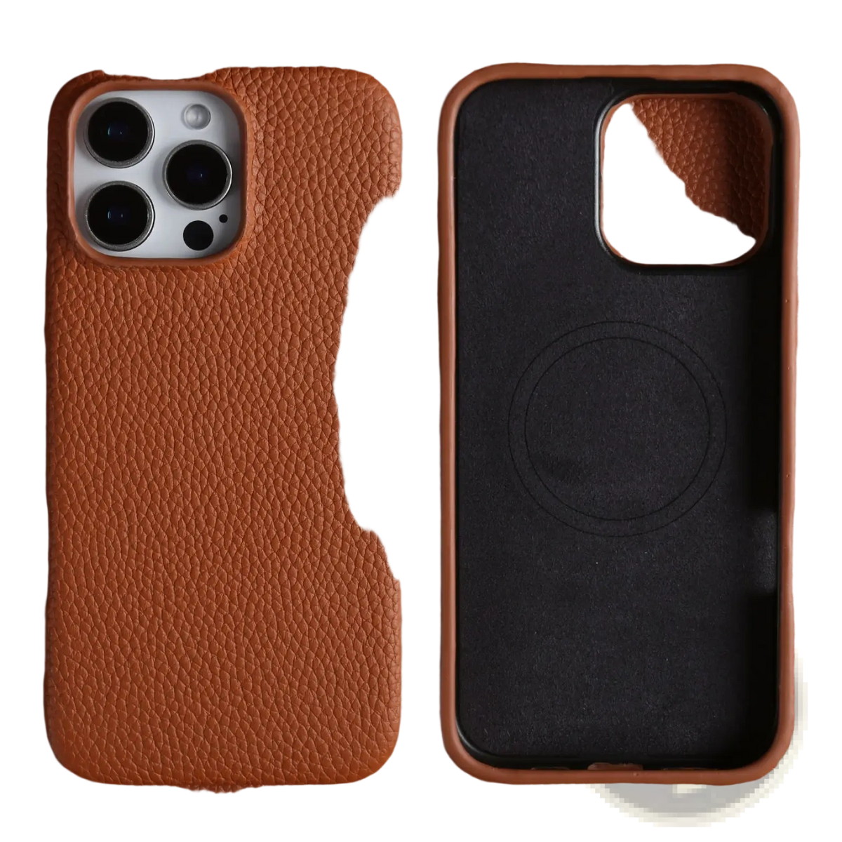 Brown textured leather magnetic iphone case showing the back side with a black charging pad attached