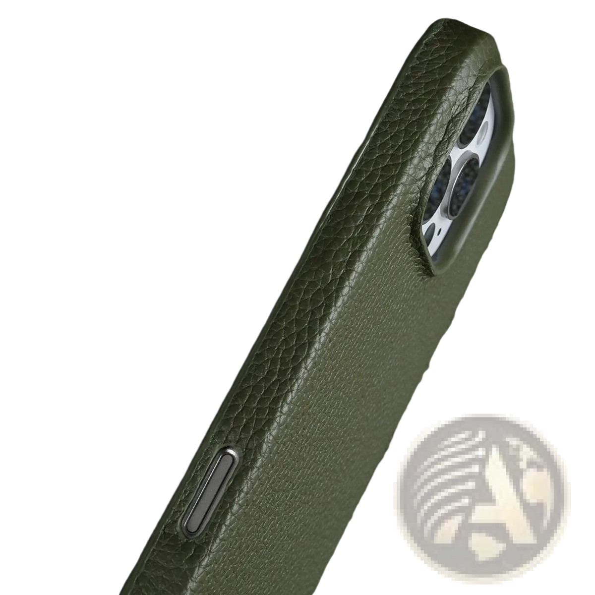 Olive green textured leather magnetic iphone case back with precise cutouts for camera and charging port