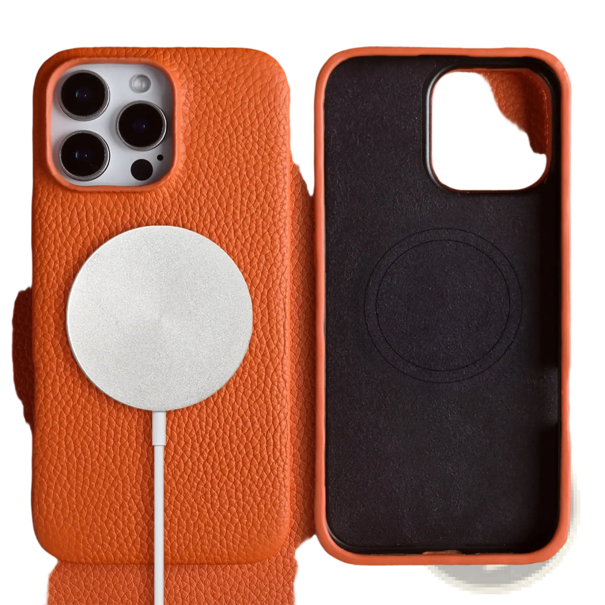 Orange textured leather magnetic iphone case with magnetic charging pad attached shown from the back side