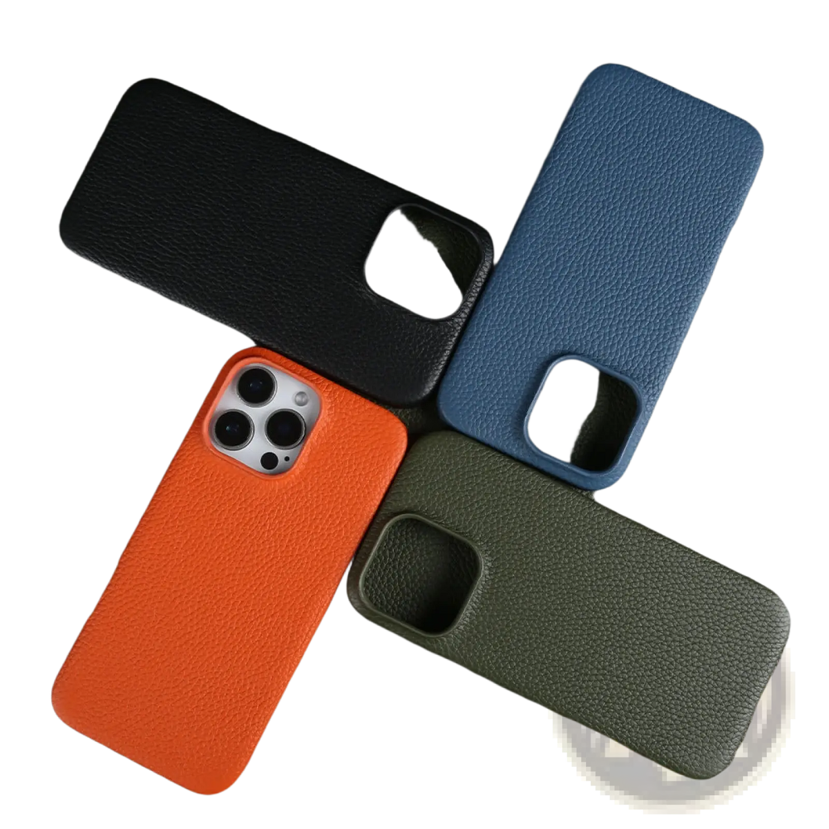 Orange textured leather magnetic iPhone case showing the back side with a sleek protective design