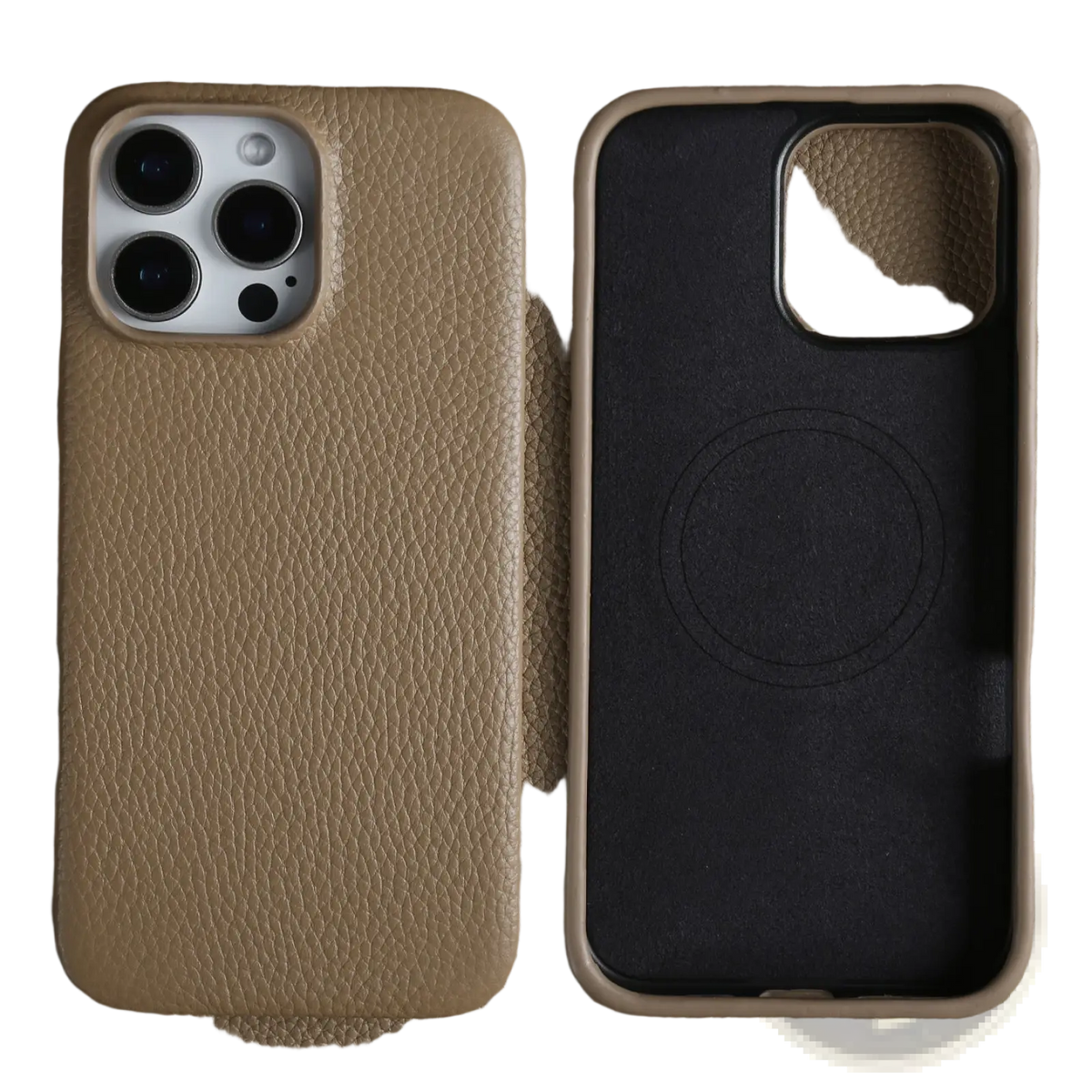 Tan leather magnetic iphone case showing the back side with a black magnetic charging pad attached