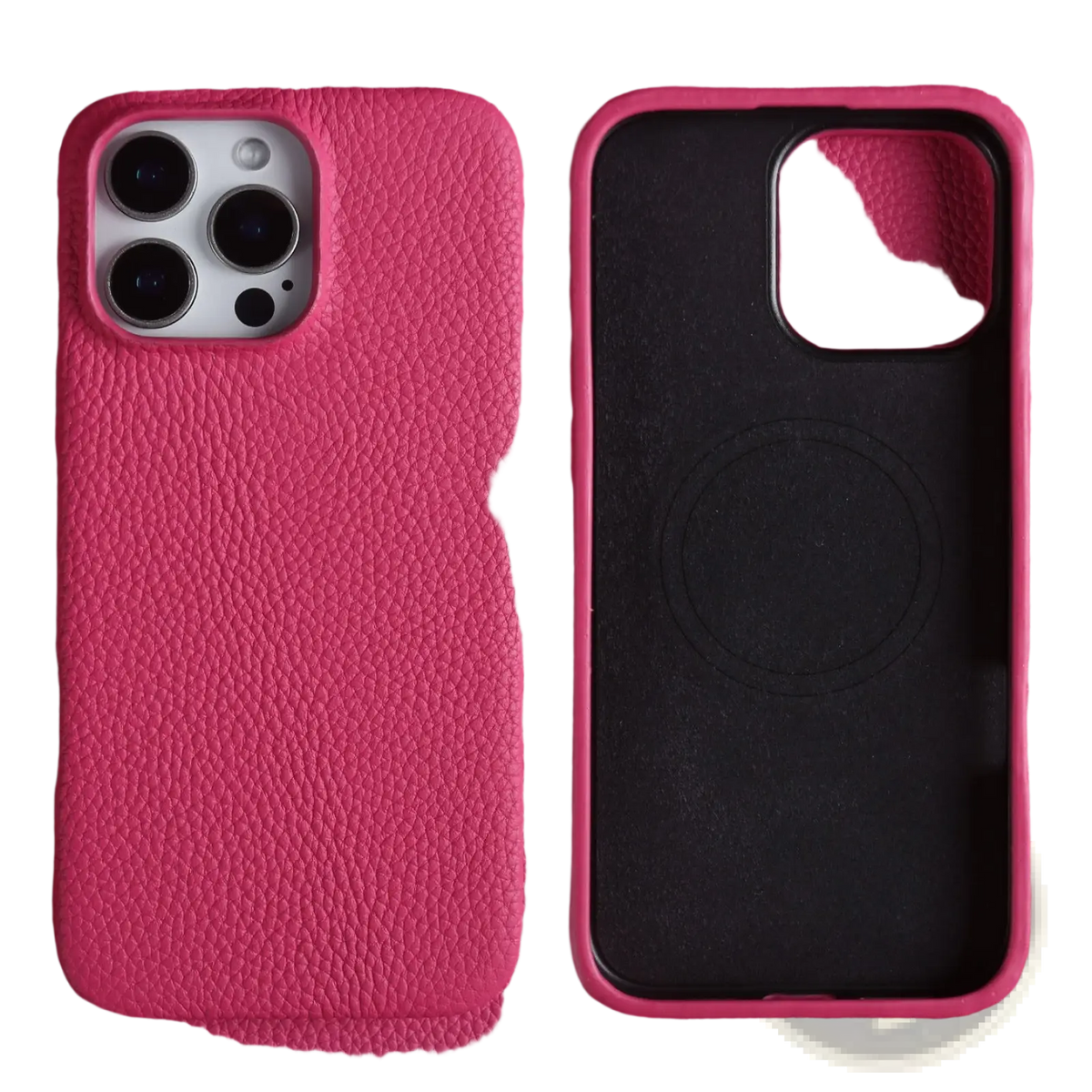 Fuchsia textured leather iphone case with black magnetic back panel shown from the back side