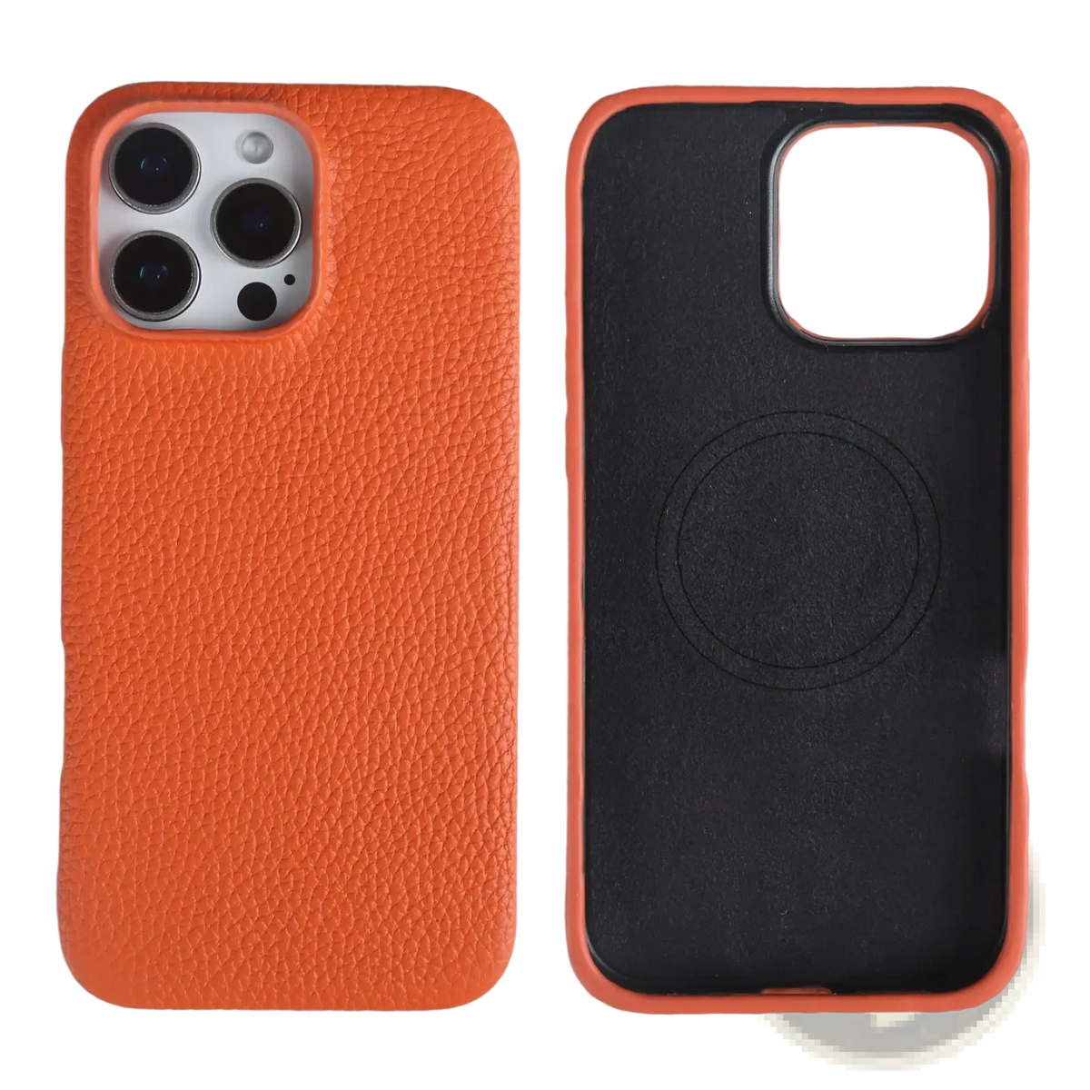 Orange textured leather magnetic iPhone case with black interior and circular stand feature shown from the back side