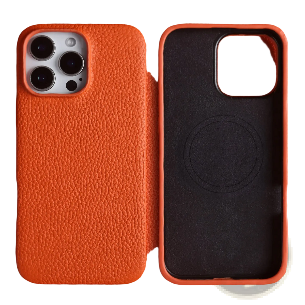 Orange textured leather magnetic iPhone case with black interior and circular magnetic ring shown from back side