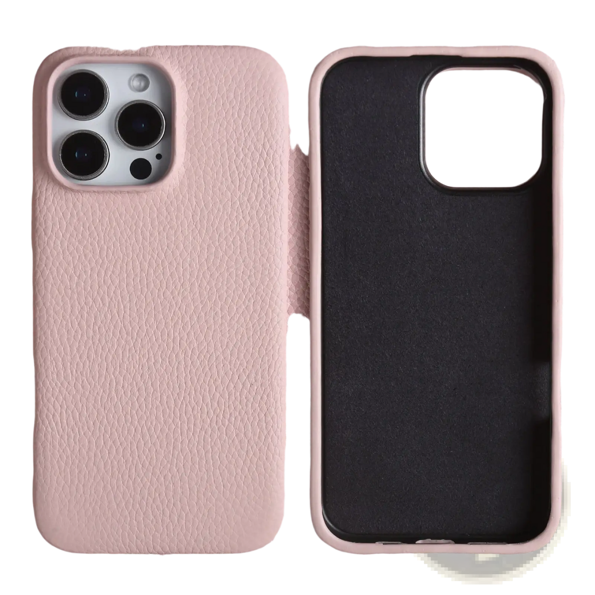 Pink textured leather magnetic iphone case with black interior shown from the back for iphone 13 pro