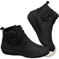 Black leather martin ankle boots with matte finish, decorative buckle, faux fur lining for winter snow use