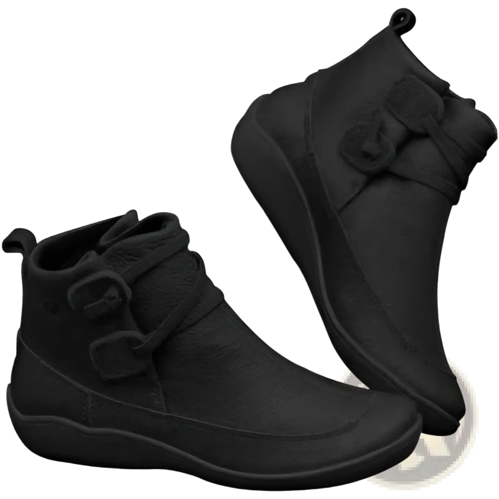 Black leather martin ankle boots with matte finish, decorative buckle, faux fur lining for winter snow use