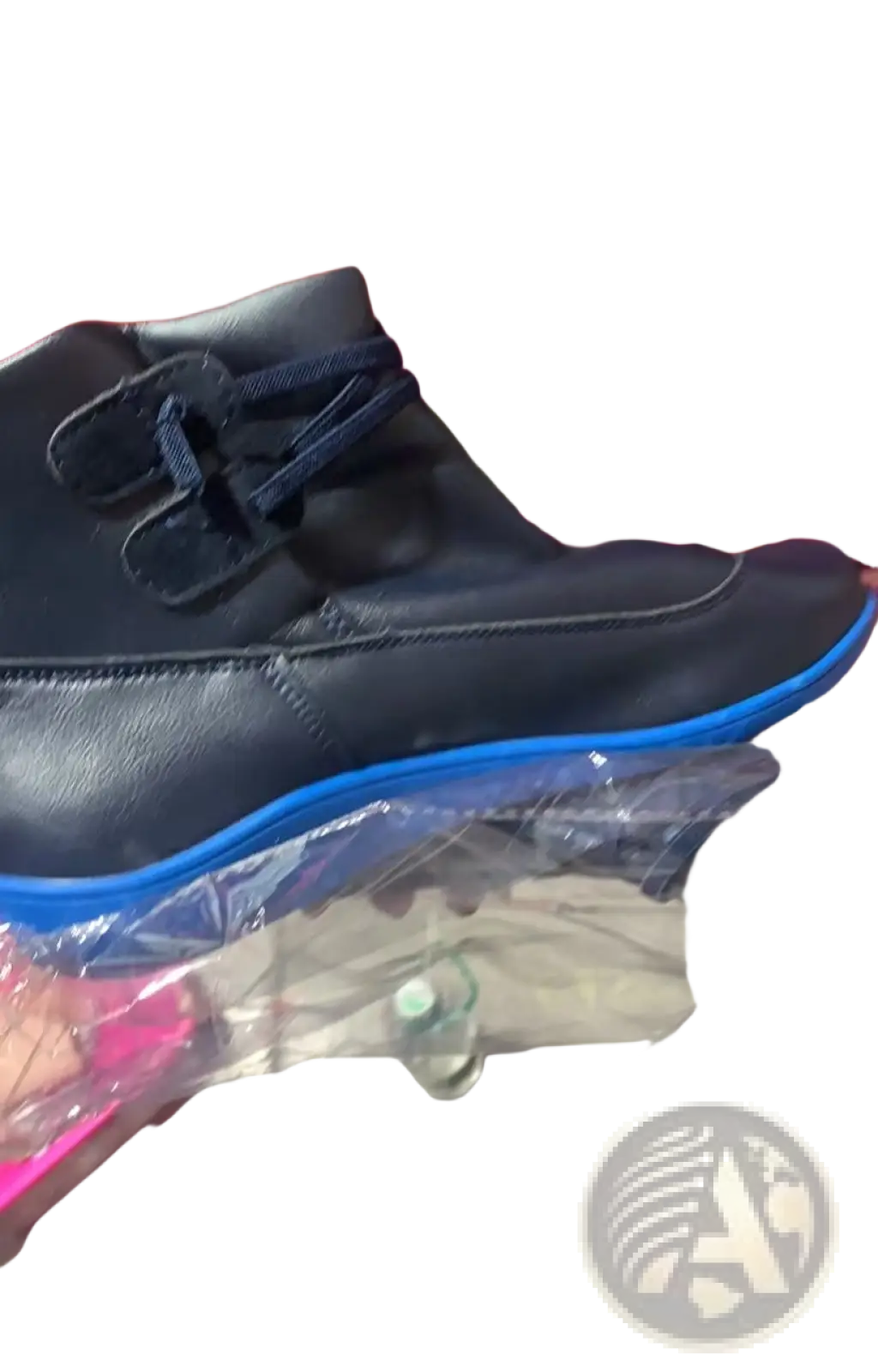 Black leather martin ankle boot with bright blue rubber sole navy laces faux fur lined winter snow shoe